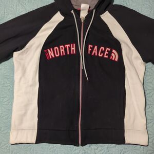 The North Face Zip Up Hoodie Black Logo Red Letters White Stripes Womens Sz L